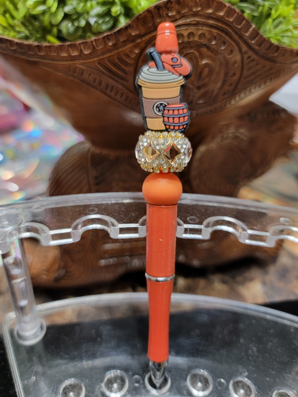 Orange Beaded Coffee Charm Pen - Women Accessories